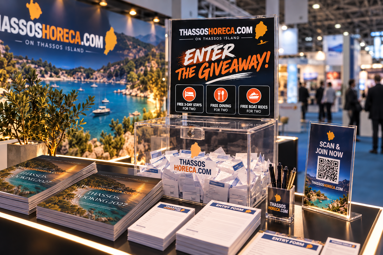 Giveaway table with entry forms and a ballot box at our Thessaloniki stand